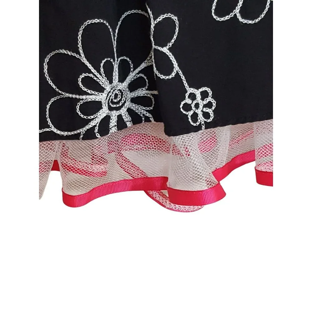 Girls Size 6 Dress Sleeveless Black Embroidered Floral Pink Bow Tulle‎ Trim